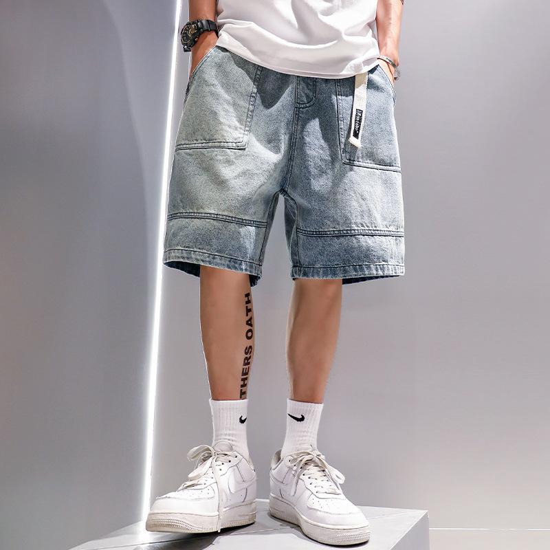 Men's Denim Shorts Trendy Brand Ins Summer Outerwear Japanese Style Hip-Hop Loose Casual Cargo Shorts Mid-Length Shorts