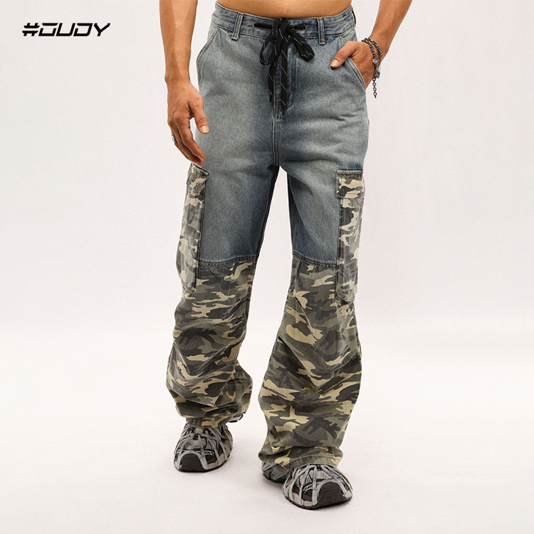 Men's Clothing washed distressed trousers PROJECT G/R splicing camouflage drawstring workwear denim paratrooper pants_voghion.com