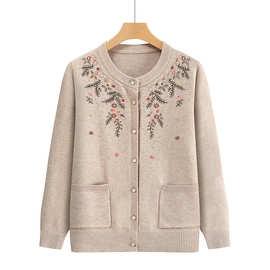 中老年妈妈秋冬针织开衫老太太毛衣圆领印花宽松休闲舒适女款毛衣