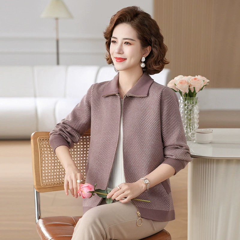 Люди среднего и пожилого возраста весна и осень вязаный отворот пальто мама весна новый повседневный куртка свитер кардиган топ женский