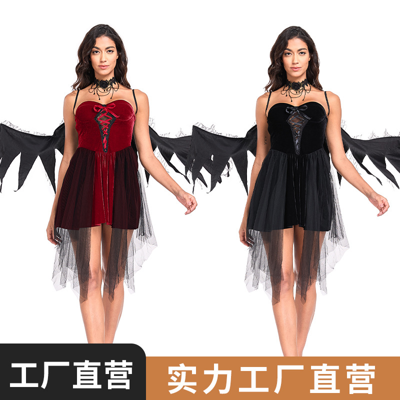 万圣节服装天使cos服暗黑天使红色恶魔连衣裙cos服装角色表演服女