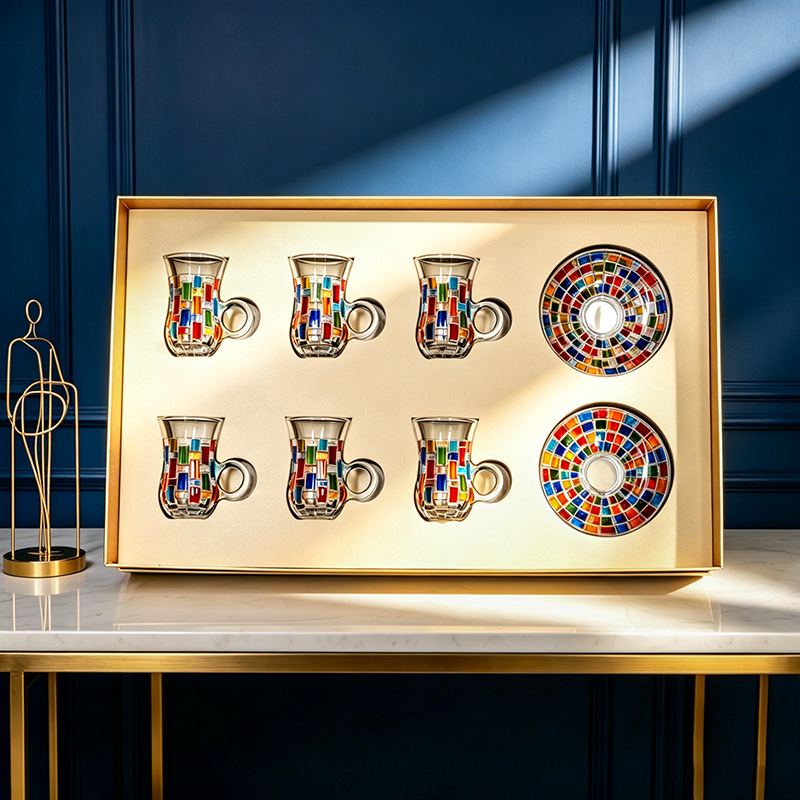 Regalos de negocios personalizados logotipo pintado a mano tazas de vidrio lujoso taza de café taza de té caja de regalo set regalo casual