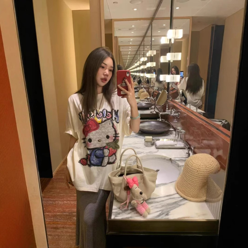 40カウント純綿かわいい年齢軽減漫画プリントルーズコットンラウンドネック半袖Tシャツ女性用|undefined