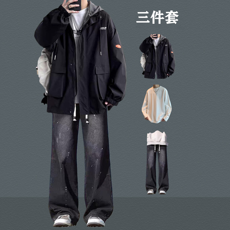 Spring and Autumn Two-Piece Jacket Set for Boys, Hooded Coat for Junior and Senior High School Students, Stylish Korean-Style Outfit, Three-Piece Set for High School Students Spring and Autumn Two-Piece Jacket Set for Boys, Hooded Coat for Junior and Senior High School Students, Stylish Korean-Style Outfit, Three-Piece Set for High School Students