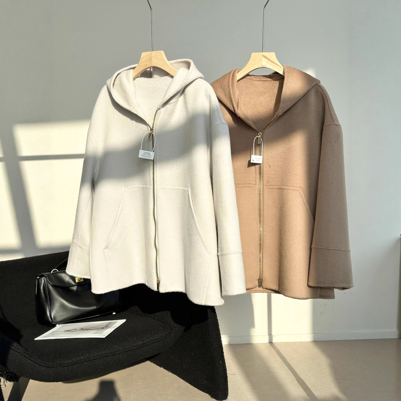 Cabinet 8000+! 70 Count Sheep Wool Hooded Double Zipper Double-Sided Woolen Sweatshirt Outwear Jacket for Women 2025 Autumn and Winter