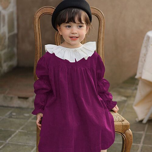 Girls 'retro corduroy lace collar bubble sleeve dress