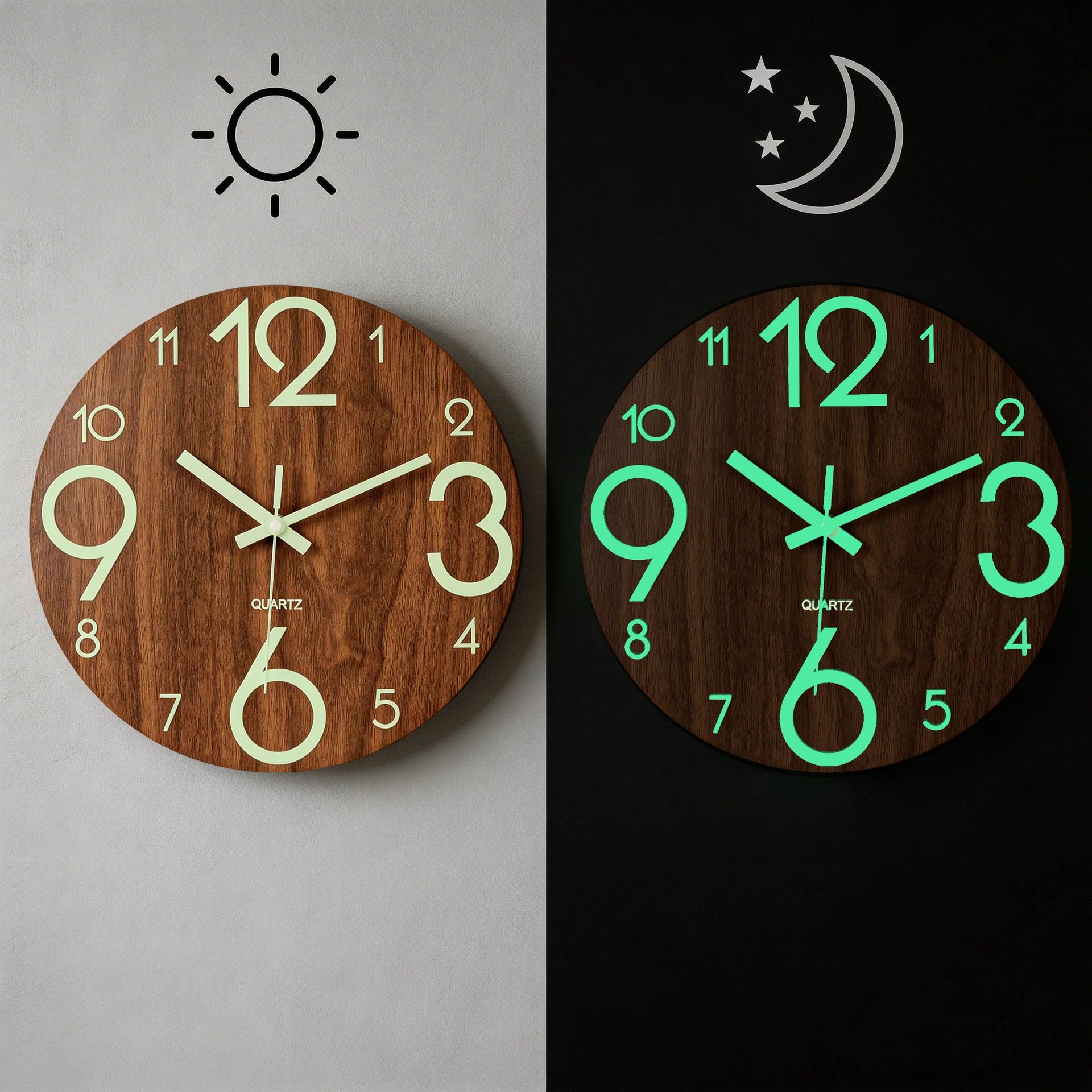 12-дюймовые Светящиеся Настенные часы с деревянным зерном, деревянные бесшумные часы, трансграничные взрывы Амазонки, светящиеся флуоресцентные настенные часы