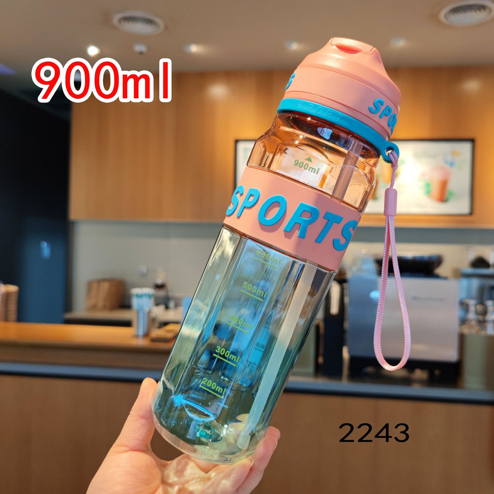 Nueva botella de agua de color transparente, pajita de alto valor, taza de agua de plástico, cuerda portátil, deportes al aire libre, botella de fitness