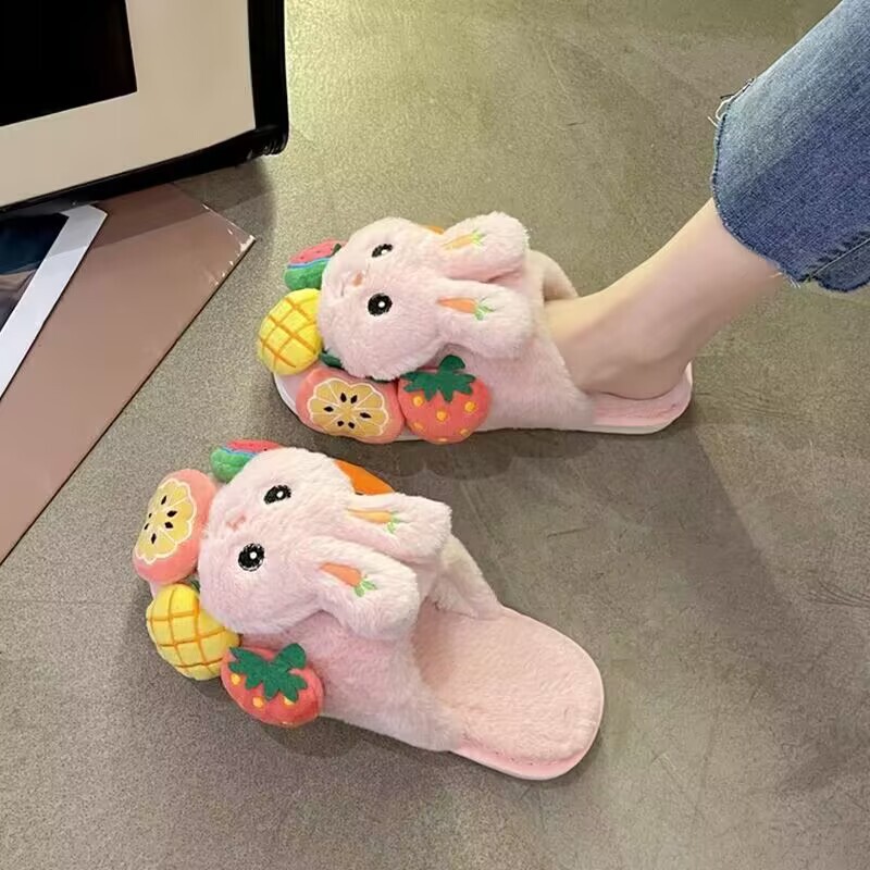 Cute Bunny Couple Slippers for Women, Winter Korean Style Closed-Toe Warm Trendy Cotton Slippers