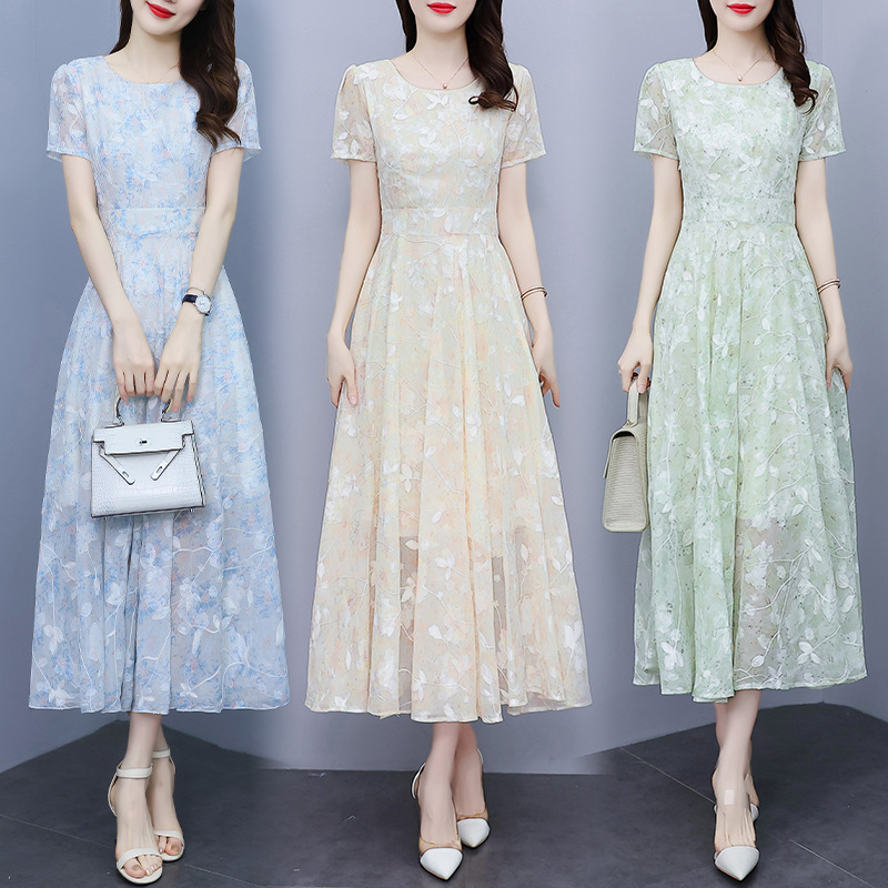 Heavy Craft Embroidered Floral Chiffon Short-Sleeved Dress Women's Summer New Style Large Hem Long Fairy Skirt