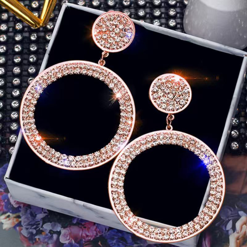 Geometric Circle Drop Earrings With Rhinestones Statement Piece_voghion.com