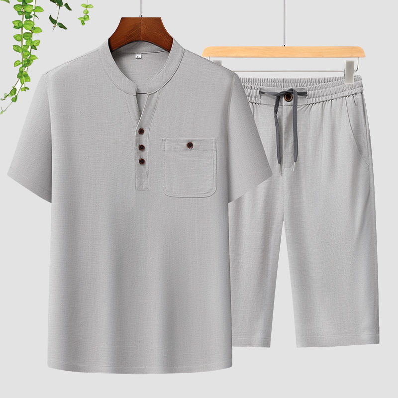 Marca de hombre algodón y lino conjunto de verano nuevo estilo frío lino de manga corta hombre ocio de mediana edad con pantalones rectos