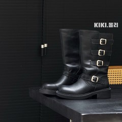 韩版复古休闲英伦风女2025早秋新款中筒皮带扣粗跟显瘦百搭马丁靴