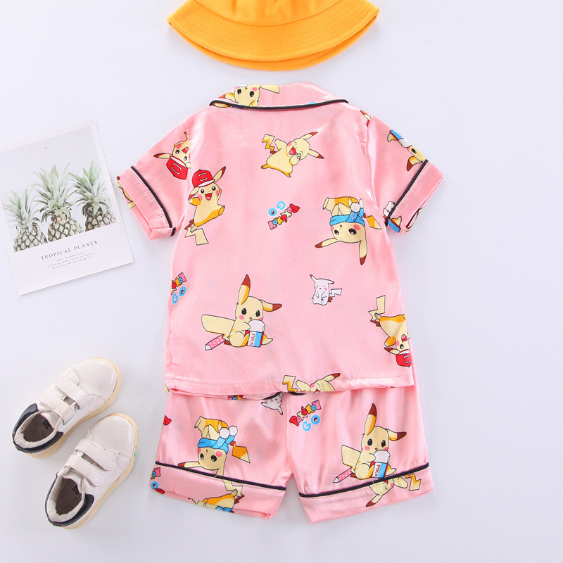 어린이 잠옷  소녀의 여름 옷 1-2-3-4-5 세 소년 짧은 소매 세트 아이스 실크 홈 옷 에어컨 옷