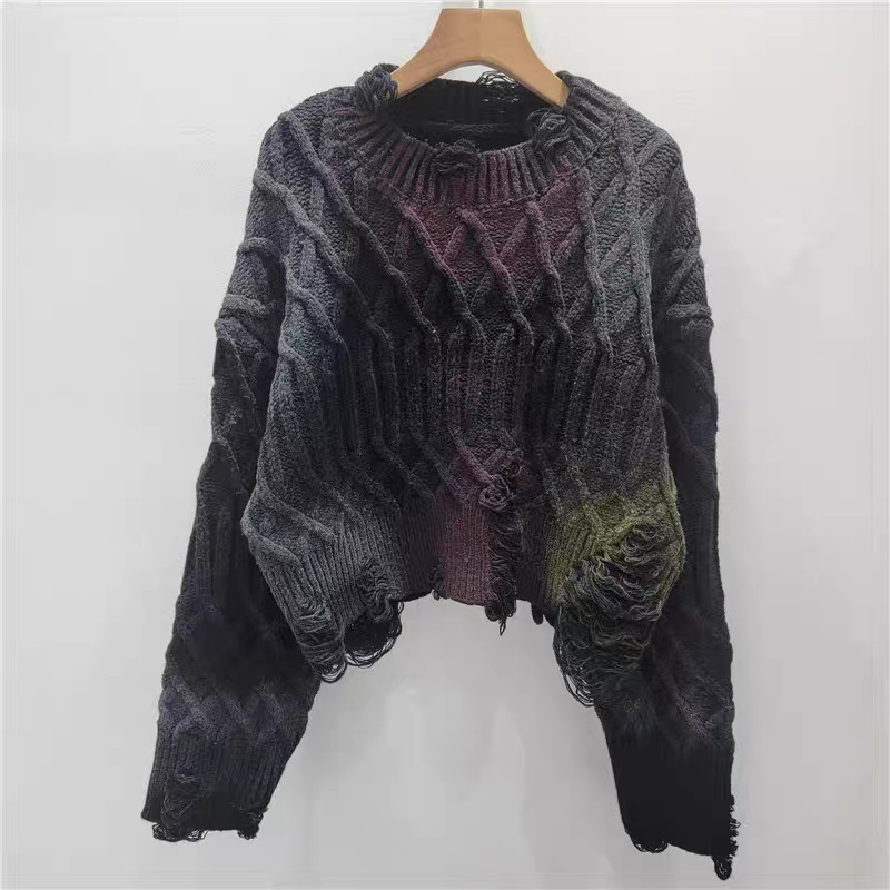 2025 otoño y invierno nueva personalidad versátil coreana suelta industria pesada para hacer viejos graffiti personalidad jersey de cuello redondo image 2