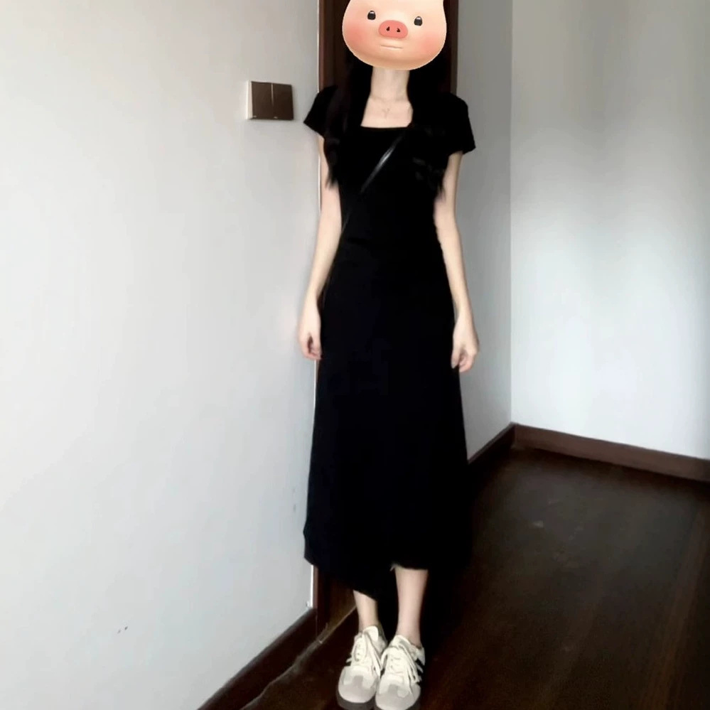 Đầm suông nữ midi màu xám trơn phong cách Pháp — đen chi tiết 1