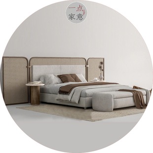 Bed hotel export foreign trade furniture manufacturer B&B Zen minimalist aesthetic double bed rattan art solid wood bed wabi-sabi
