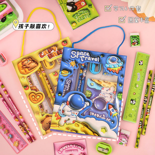 Creative Pencil Six-Piece Stationery Set Portable Cartoon Student Ruler Eraser Notebook Back-To-School Small Gift Wholesale