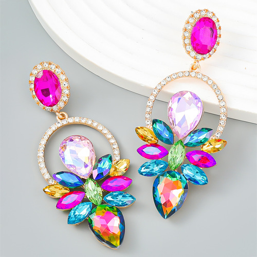 earrings时尚彩钻合金镶钻花卉几何耳环女欧美夸张气质耳饰品