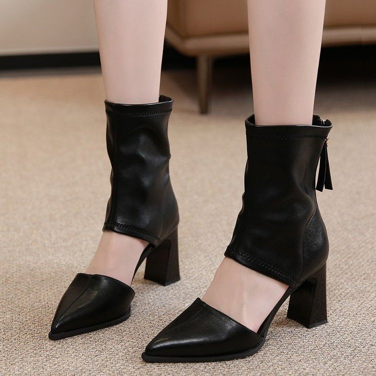 Summer 2024 New breathable mesh red sandals trendy hollow-out chunky heel mid-calf boots hollow-out high heel mid-calf boots