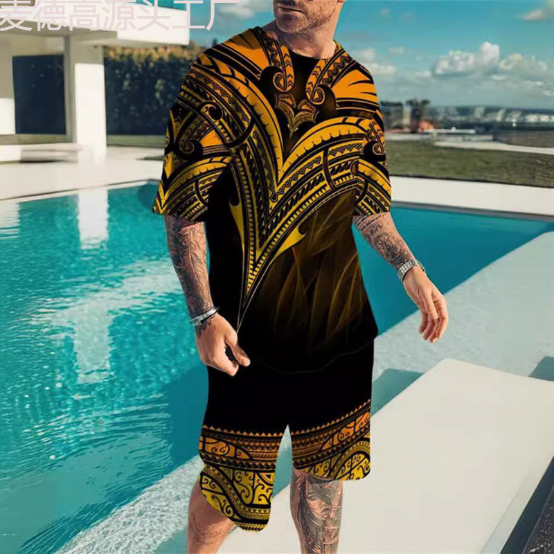 2022 AliExpress verano europeo y americano traje de hombre 3D impresión digital pantalones cortos de manga corta moda deportiva traje de dos piezas