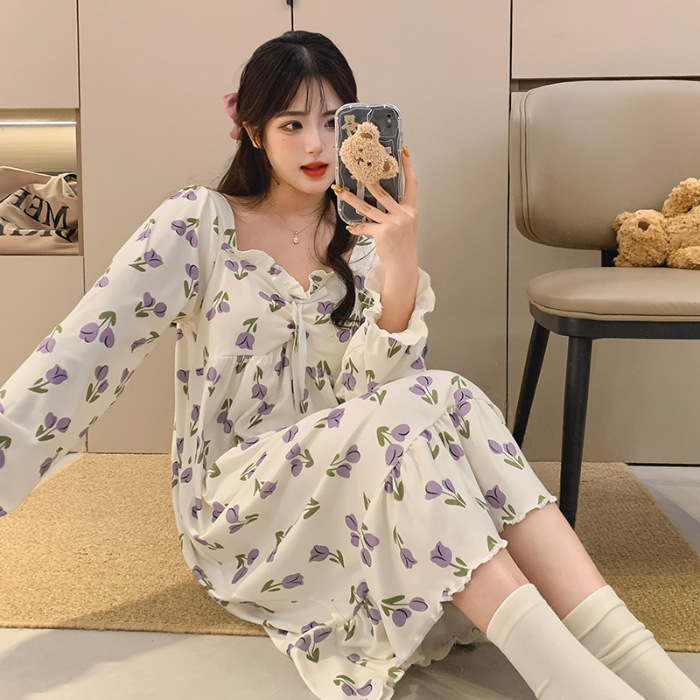 Fábrica directa con cojín de pecho desmontable de ternilla pijama de manga larga primavera y otoño estilo coreano chaqueta dulce ropa larga para el hogar