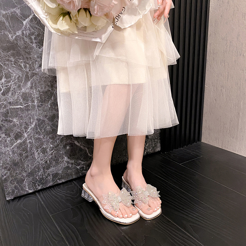 2025 Summer New Bowknot For Women, Outdoor Mid-Heel Rhinestone Gentle Style Transparent High-Heel Sandals_vogvips.com