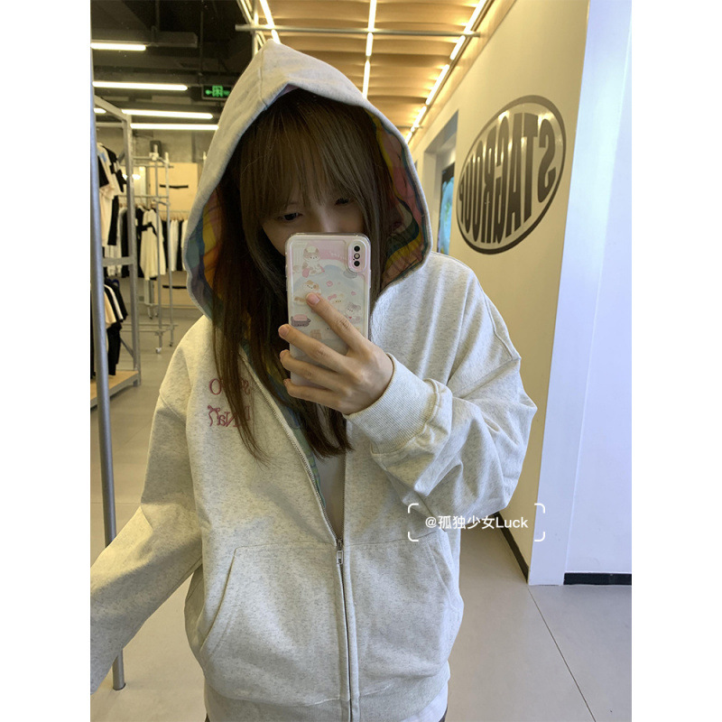 다 입어라    레인보우 플레이드 가디건 후드 스웨터 여성 INS 기모 한국식 재킷