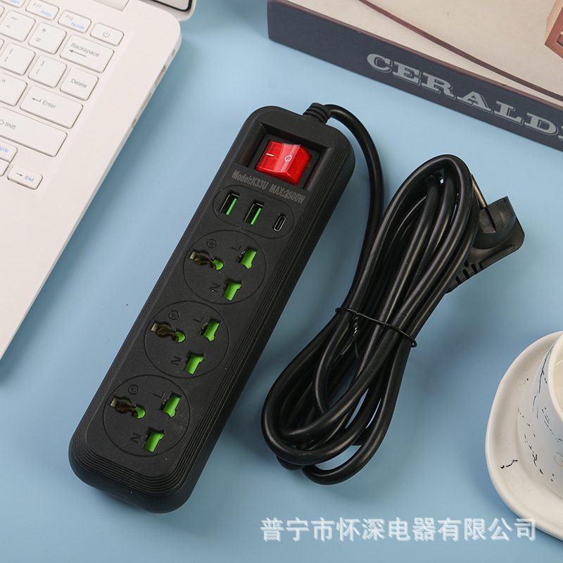 2USB + 1Type-c estándar británico estándar europeo y estándar americano interruptor de cabezal con puerta de seguridad infantil verde tres nueve jack