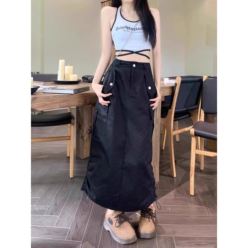 American retro workwork skirt for women's summer new high-waist slimming skirt drawstring split mid-long skirt