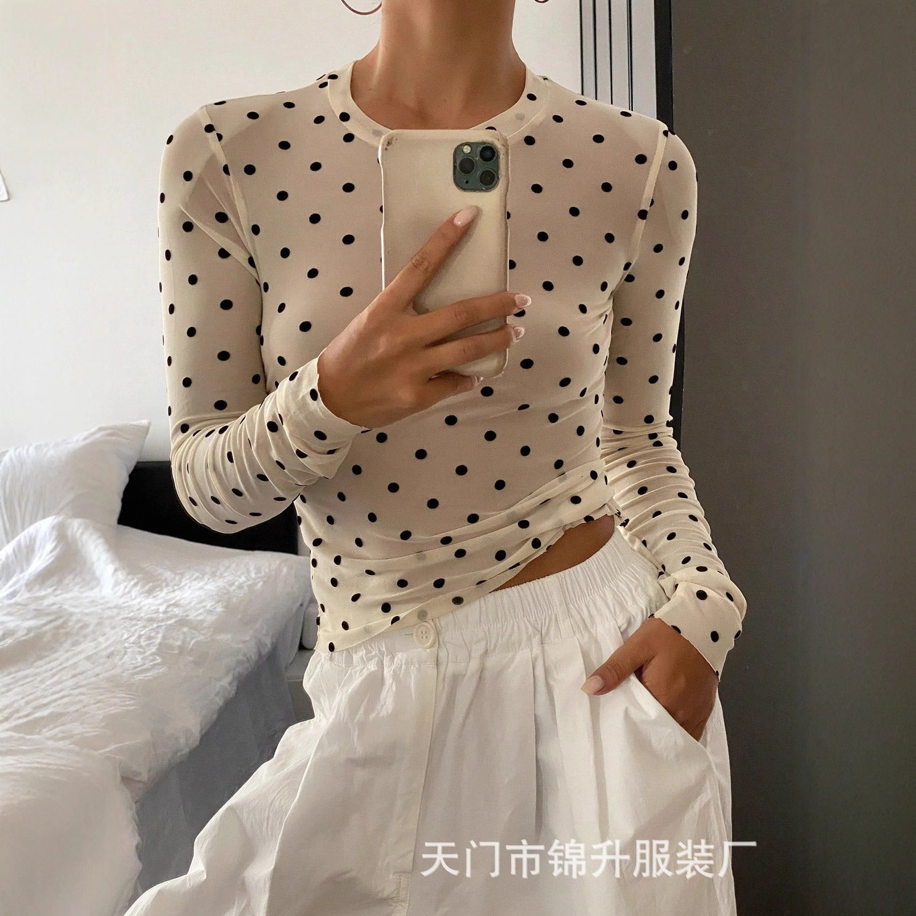 Cross-Border Foreign Trade Women's Round Neck Slimming Polka Dot Mesh Long-Sleeved Top