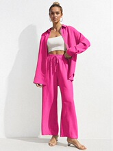 Two-Piece Set Women's Solid Button Up Shirt & Wide Leg