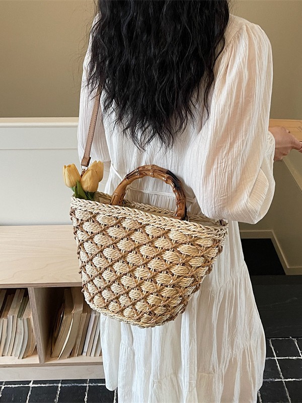 Bolsa de tejido a mano para mujeres 2026 nuevas vacaciones de playa de mano cesta de verduras bolsas de balde de verano bolsas de tela de paja image 5