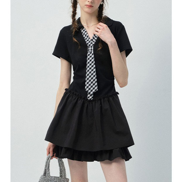 Black Dress for Women 2025 New Summer College Style Pattern Tie Waist Slimming Little Black Dress Black Dress for Women 2025 New Summer College Style Pattern Tie Waist Slimming Little Black Dress