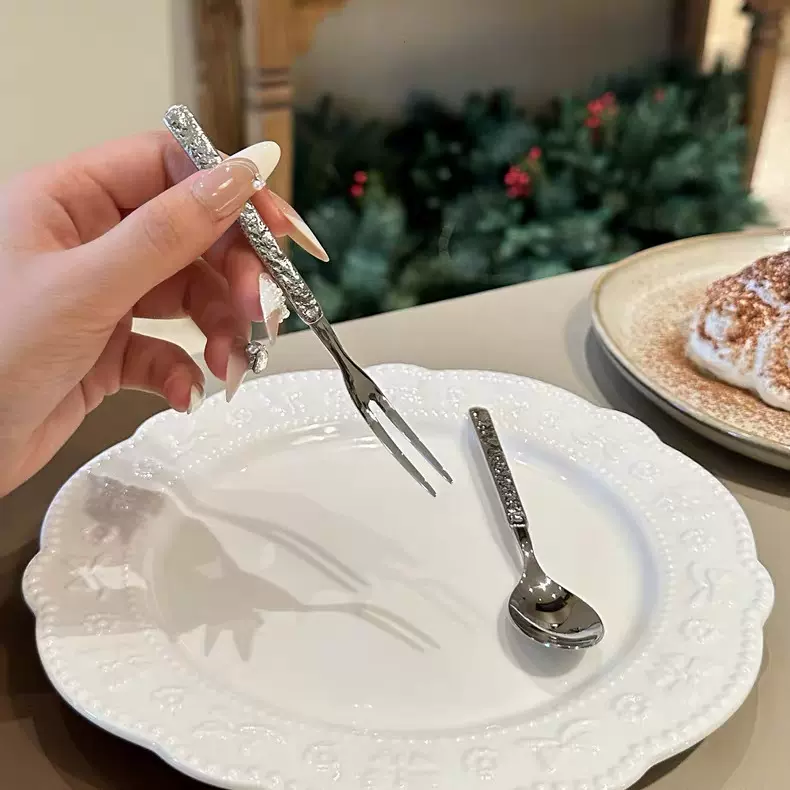 正304不锈钢水果叉轻奢石纹咖啡勺甜品勺蛋糕点心叉子精致水果签