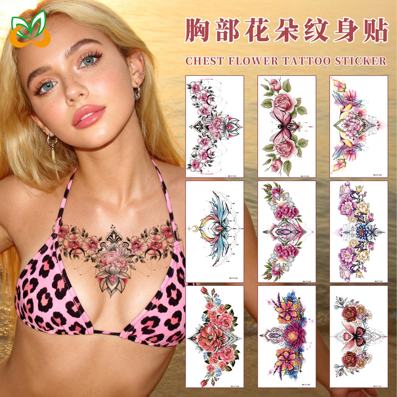 New Cross-Border Flower Tattoo Stickers for the Chest, Waterproof and Sweat-Proof, Temporary Clavicle Tattoo Stickers, Chest Stickers, European and American Tattoo Stickers