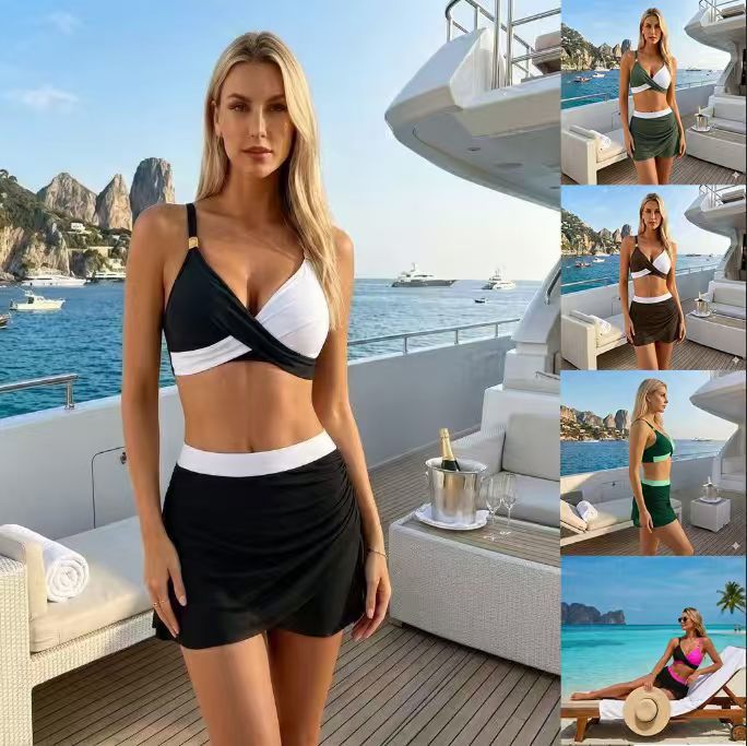 Bikini con Falda de Malla para Mujer de Poliéster Alta Elasticidad para Natación