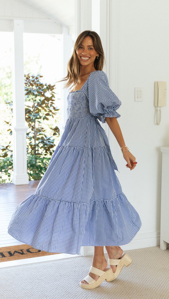 plaid square collar lantern sleeves back bow dress NSJKW119832