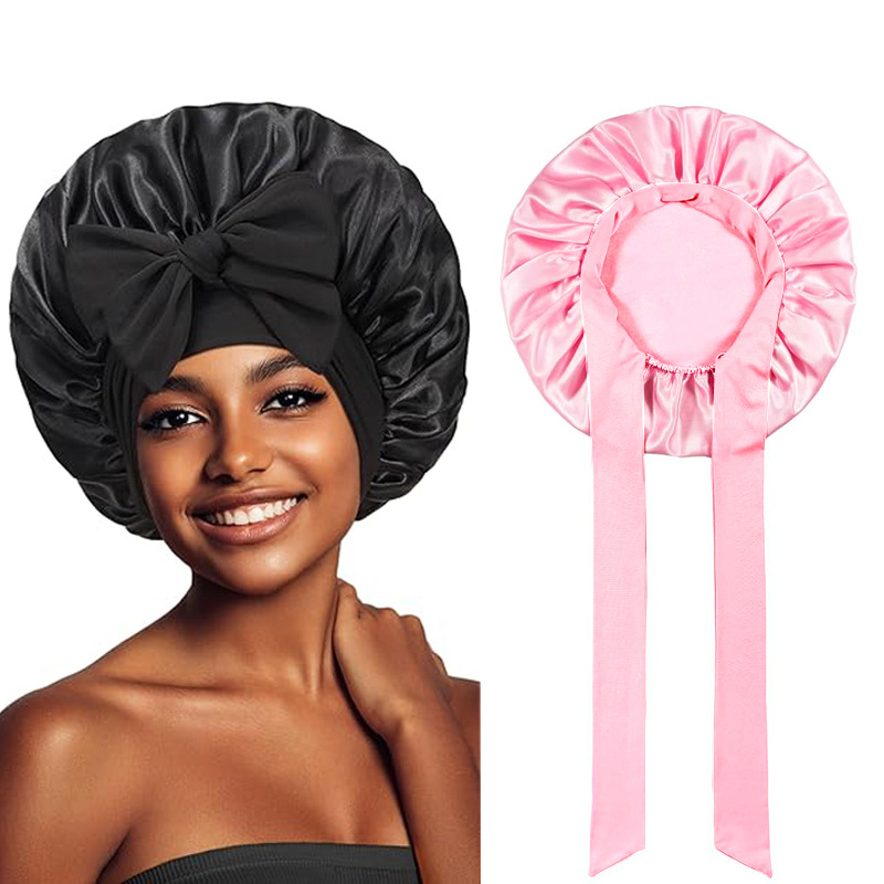 Amazon Women's Elastic Ribbon Pate Bow Round Hat Solid Color Silk Nightcap Beauty Hairdressing Tape Hat