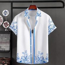男士复古花卉图案短袖休闲衬衫透气聚酯纤维temu热卖款