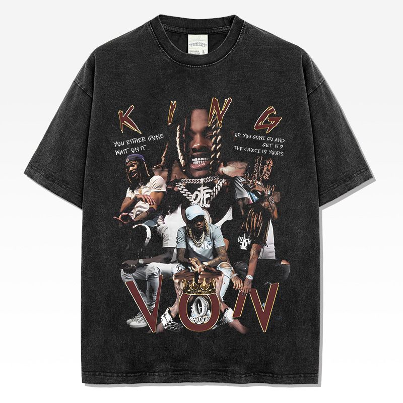 Hm Cross-Border Hip-Hop King Von Printed Short-Sleeve T-Shirt, Washed and Distressed, Heavyweight Pure Cotton, Crew Neck, Drop Shoulder