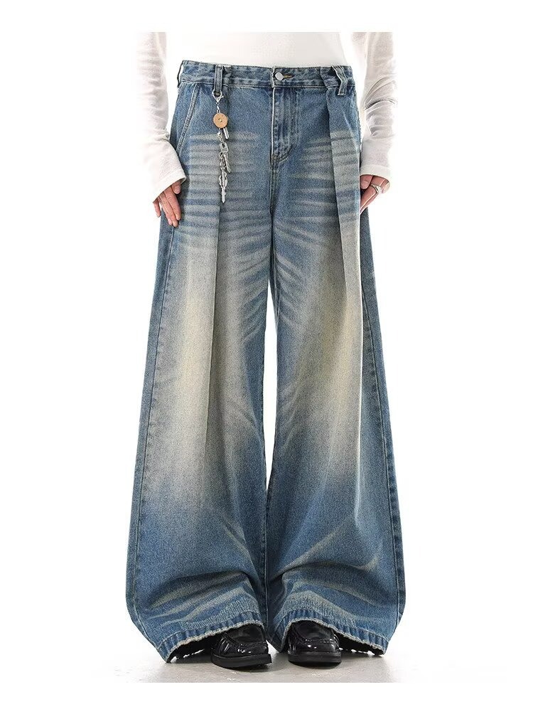 High Waist Wide-Leg Vintage Washed Jeans Cat Whisker Distressing Classic Blue S-3XL Men's Clothing Denim Trousers_mkmklike.com