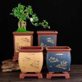 紫砂花盆 手工刻绘四方带底座蝴蝶兰君子兰花卉绿植阳台摆件 批发