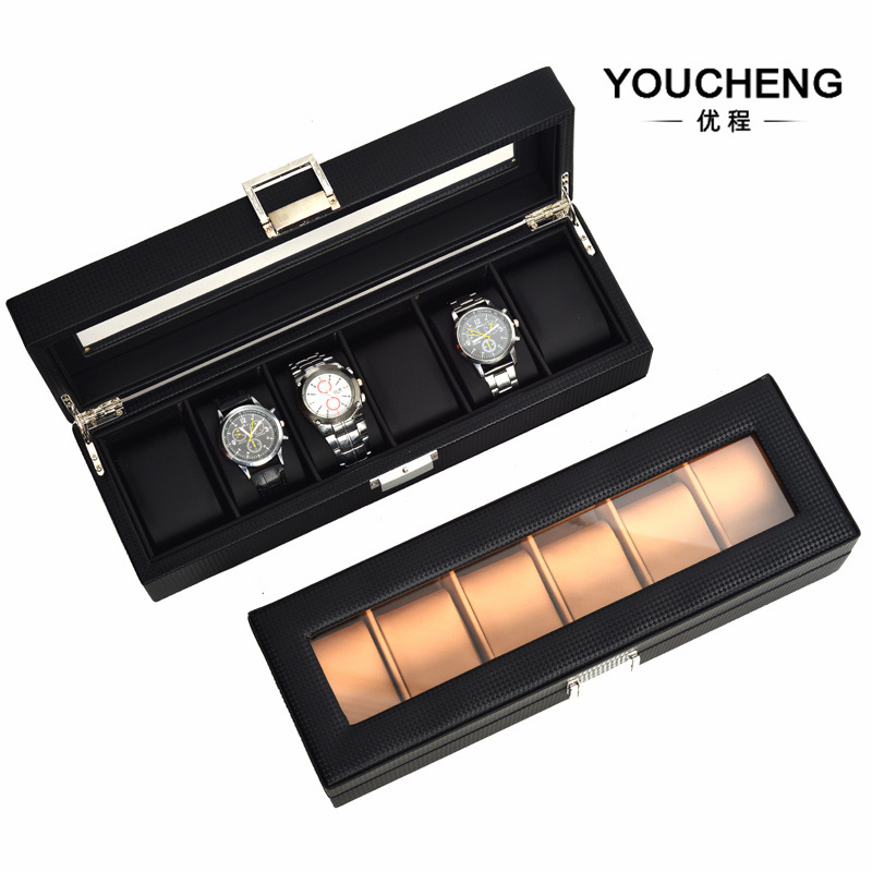 现货批发跨境碳纤维编织纹6位手表盒pu枕头腕表展示盒手表收纳盒