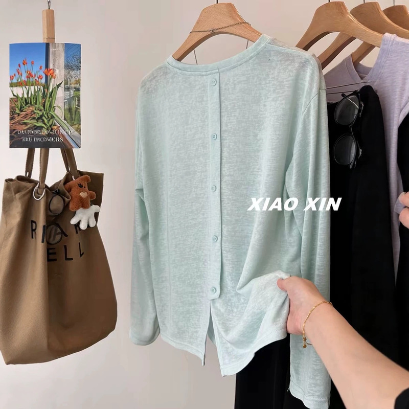 Cross-Border Solid Color Plus Size 120kg Back Buttoned Slit Sun Protection Long-Sleeve T-Shirt Women's Top with Thin Design and Trendy Style