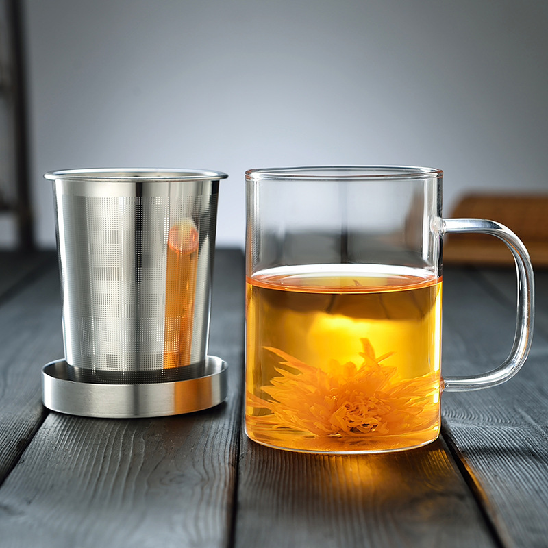 Taza de té de tres piezas Filtro de revestimiento de acero inoxidable con mango intuición Taza hogar vidrio de borosilicato taza de té perfumado