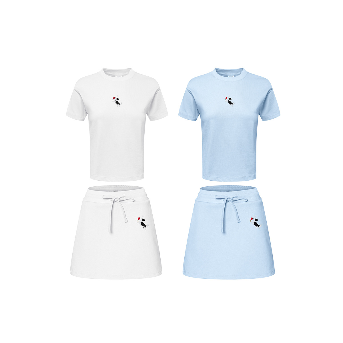 BE ropa de mujer | camiseta corta bordada de cachorro de marca de moda americana ski chica caliente falda corta con cordón de manga corta traje deportivo mujer