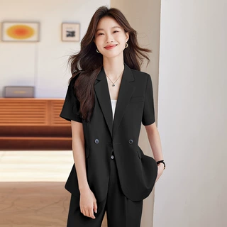 短袖西装外套女夏季薄款设计感上衣女时尚休闲气质后开叉西服套装