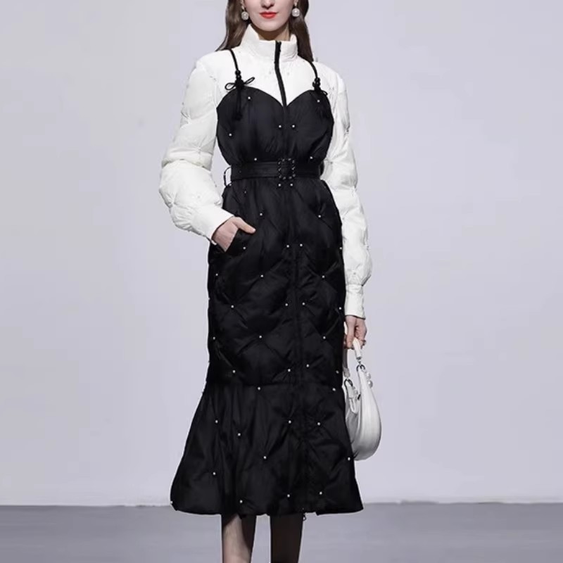 Winter New Fashion Elegant Retro Lantern Sleeve Waist Fishtail Mid-length Beaded Down Jacket Women's Coat