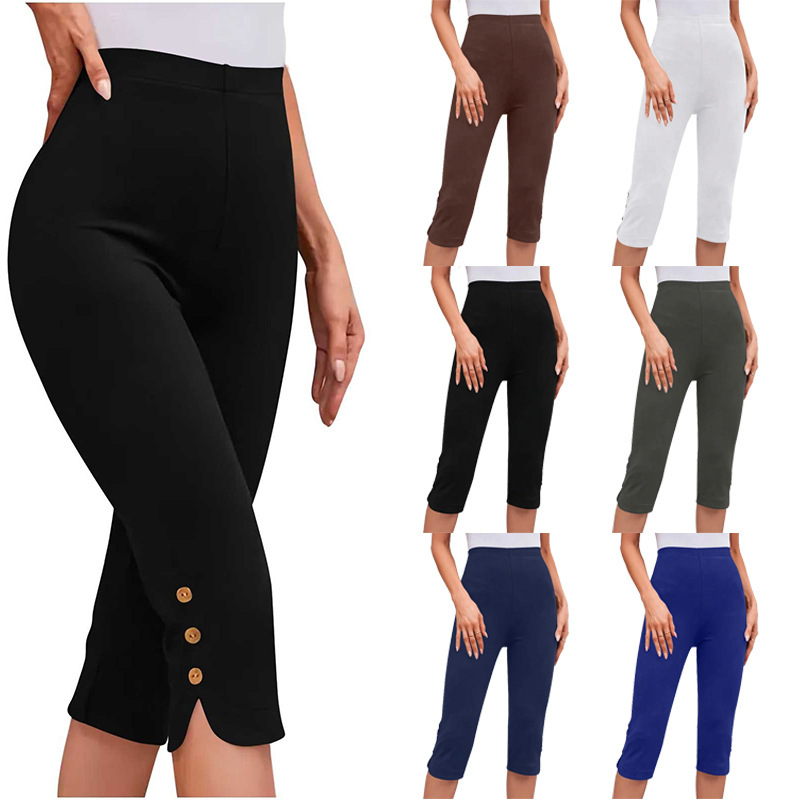 2026 Summer Elastic Cross-Border Three-Quarter Pants with Buttons, High Waist, Slimming, Plus Size Women's Loose Casual Capri Pants, Leggings 2026 Summer Elastic Cross-Border Three-Quarter Pants with Buttons, High Waist, Slimming, Plus Size Women's Loose Casual Capri Pants, Leggings